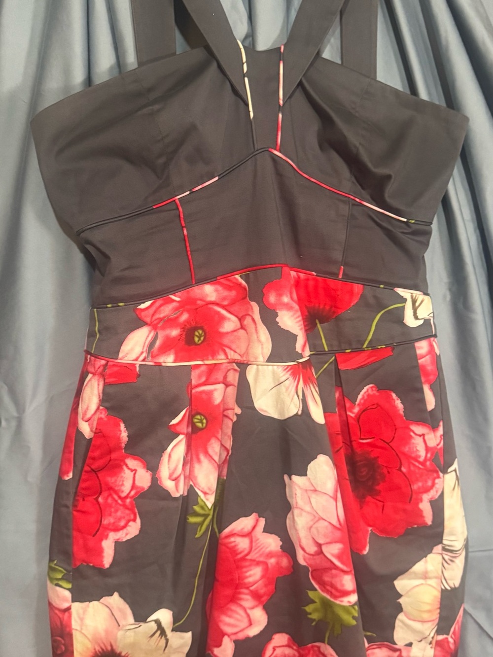Black Floral Fit & Flare Dress – Red Piping, Size 6